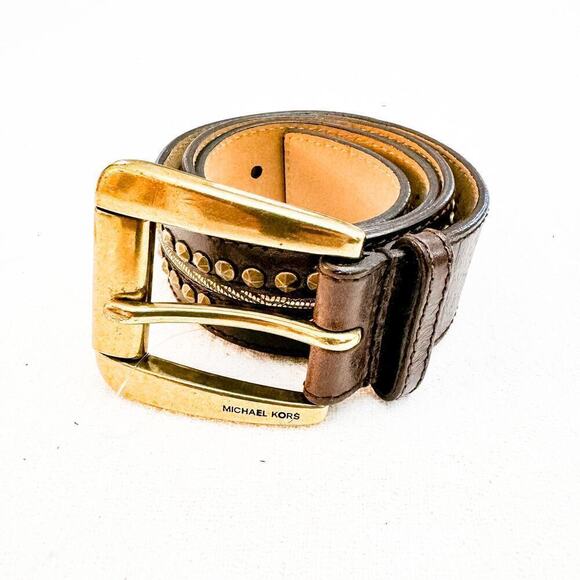 MIchael Kors Studded Brown Leather Belt Brass Accents Size Small - Picture 1 of 7
